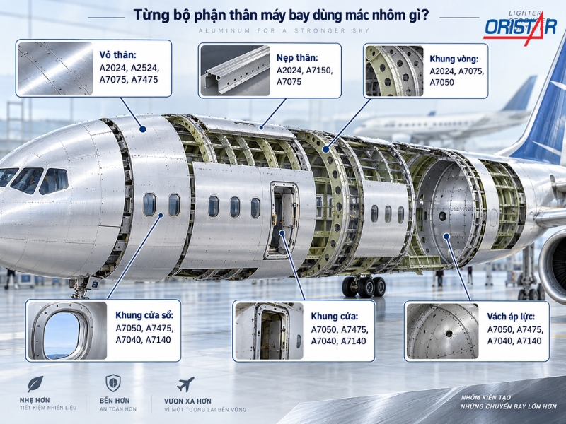 Từng bộ phận th&acirc;n m&aacute;y bay d&ugrave;ng m&aacute;c nh&ocirc;m g&igrave;