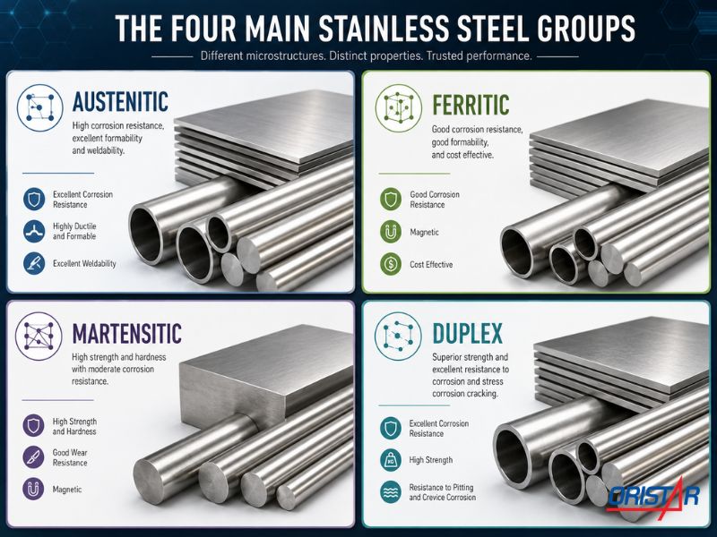 C&aacute;c nh&oacute;m th&eacute;p kh&ocirc;ng gỉ Austenitic, Ferritic, Martensitic, Duplex