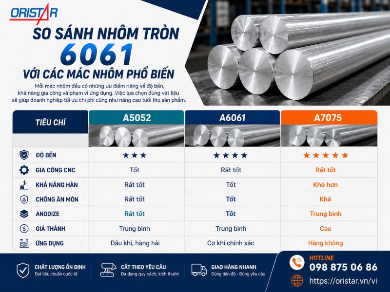So Sánh Nhôm Tròn 6061 Với Các Mác Nhôm Phổ Biến